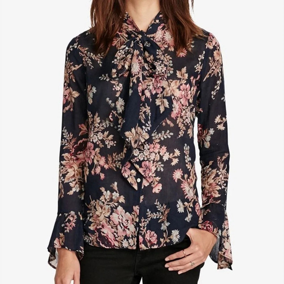 DENIM & SUPPLY RALPH LAUREN Floral-Print Tie-Neck Blouse women’s small - Picture 1 of 8